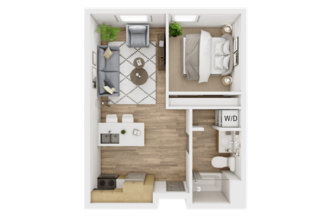 A top-down view of a small apartment layout with a living room, kitchen, and bathroom.